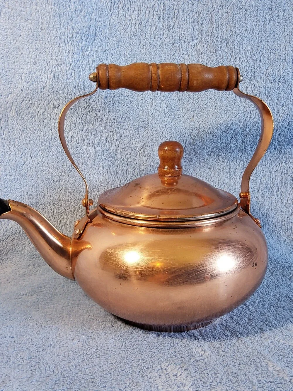 Vintage 1984 Copper Tea Kettle Taiwan FTDA Wood Handle Farmhouse Cottagecore